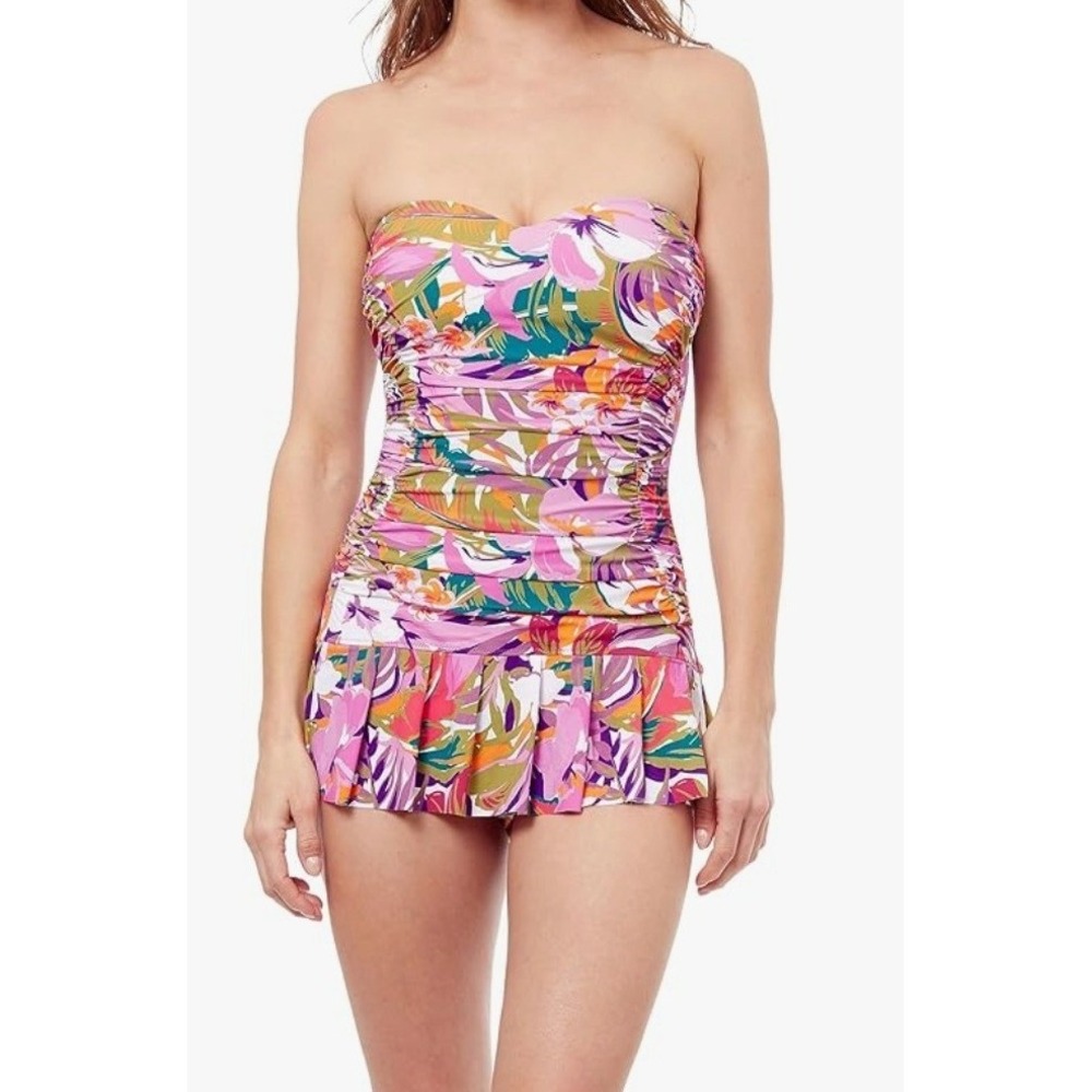 Profile by Gottex Tropikaia Bandeau Swimdress Floral Ruched Swimsuit Size 12